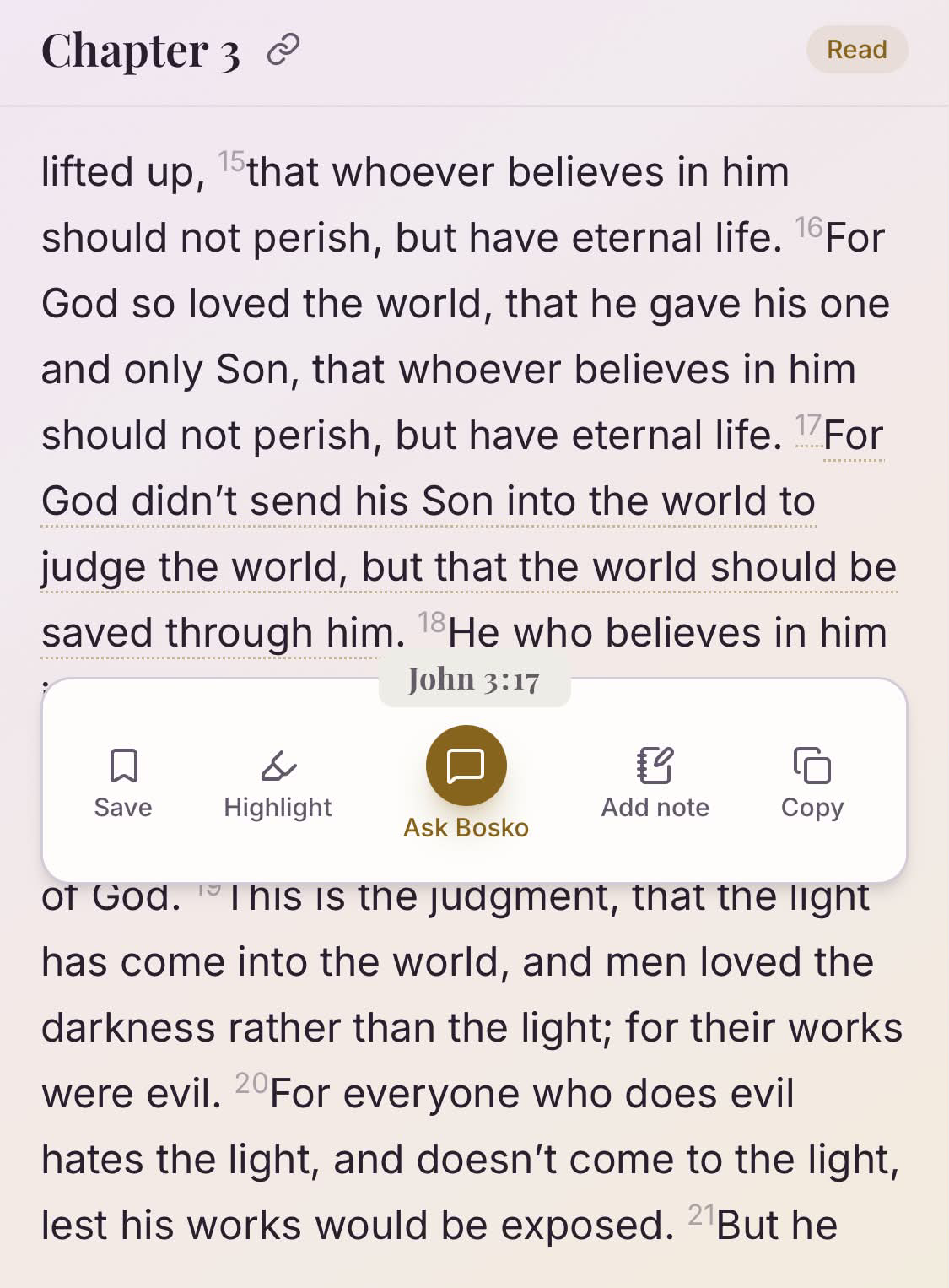 Bible verses with an Ask Bosko action on the selected verse.