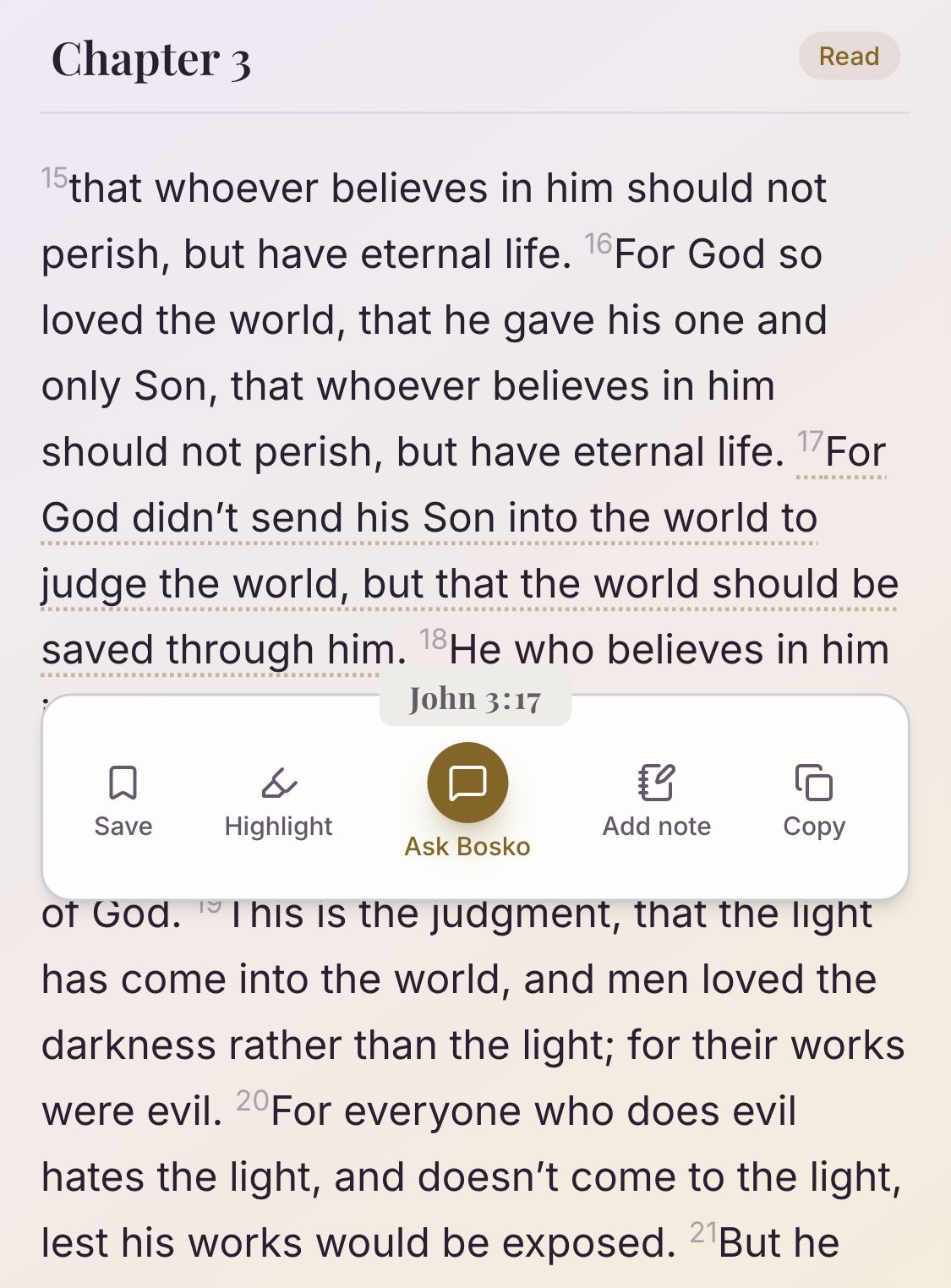 Bible verses with an Ask Bosko action on the selected verse.