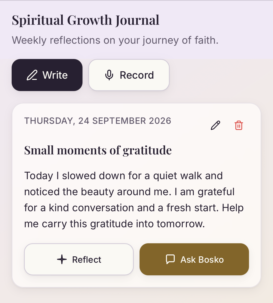 A journal entry with a Reflect with Bosko action beneath it.