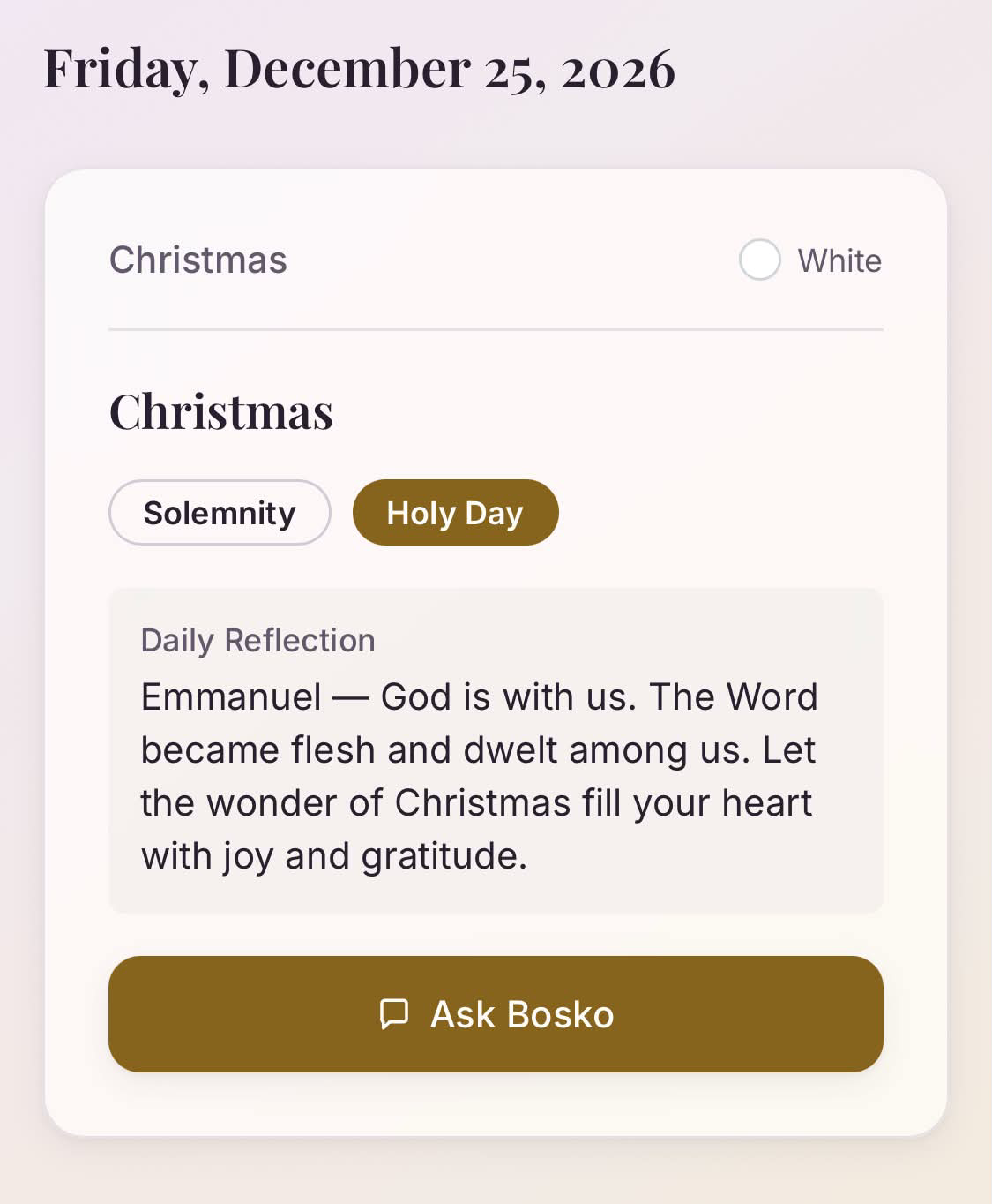 A liturgical calendar card with an Ask Bosko action.